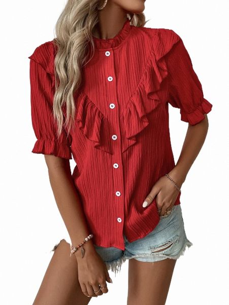 

women's blouses & shirts mock neck ruffle trim flounce sleeve blouse w4wd#, White