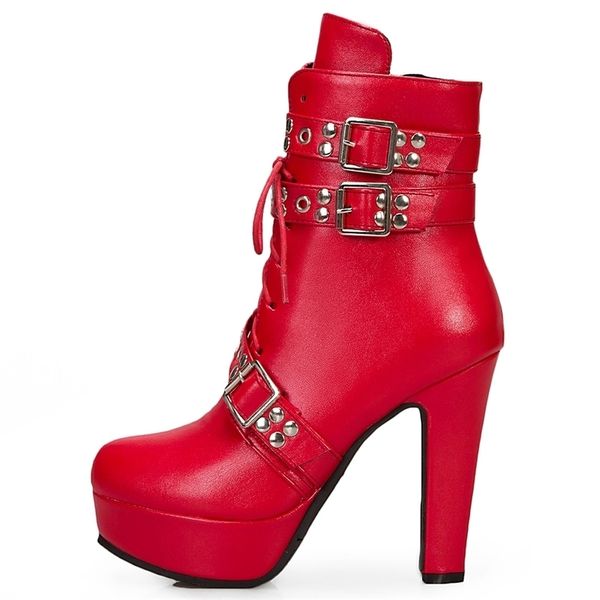 

boots red yellow white women ankle platform lace up high heel short boot female buckle autumn winter ladies shoe large size 220908, Black