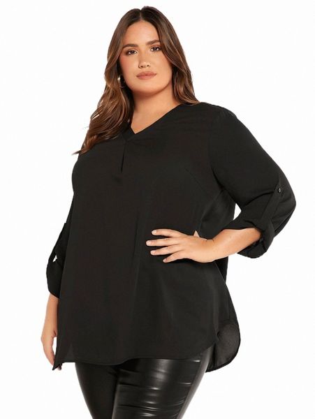 

plus size t-shirt evolu plus roll tab sleeve curved hem 02nz#, Black