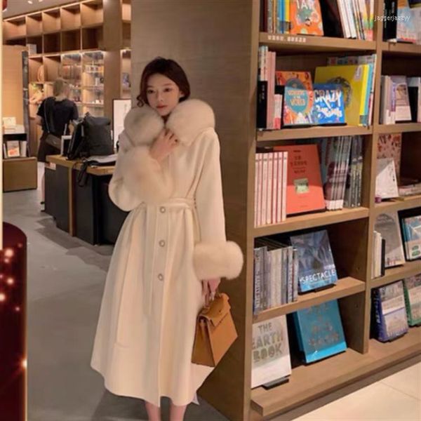 

women's vests 2022 women fashion long fur cloak handmade double-sided wool collar warm autumn winter white hooded coat xs s, Black;white