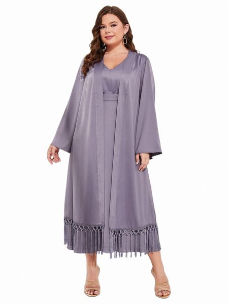 

plus size dresses plus solid fringe hem coat & v neck ruched detail dress b52v#, Black