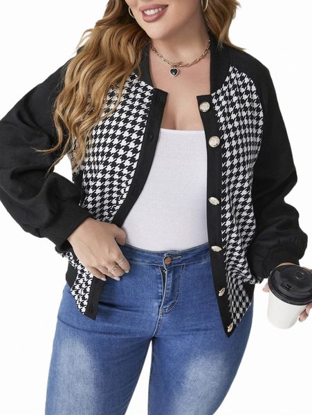 

plus size outerwear & coats plus houndstooth raglan sleeve bomber jacket v58d#, Black