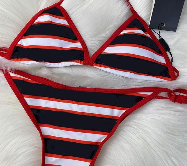 

2021 retro striped swimsuit sling bandage beach suit letter print swimwear