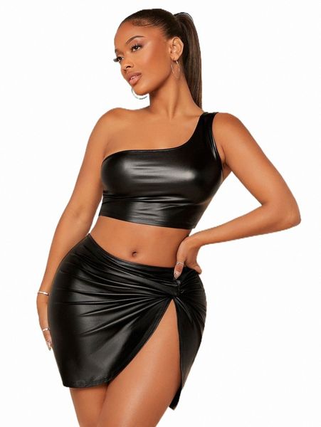 

two piece dress sxy one shoulder crop & split hem skirt set 13ad#, White