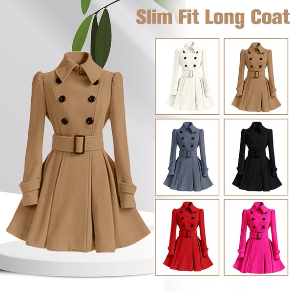 

women's wool blends women coats vintage double breasted belt slim thickening jackets female long sleeve woolen classic medium-length o, Black