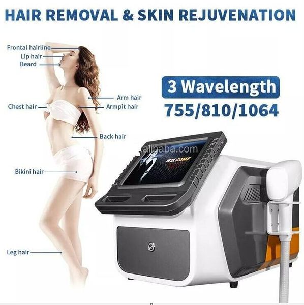 

powerful 810 nm diode laser hair removal permanent 3 wavelength 755nm 810nm 1064nm skin rejuvenation painless equipment beauty machine with, Black