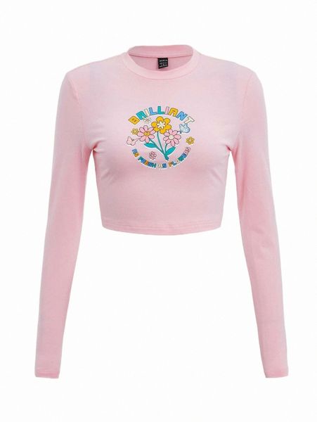 

women's t-shirt letter & floral graphic crop tee c0p5#, White