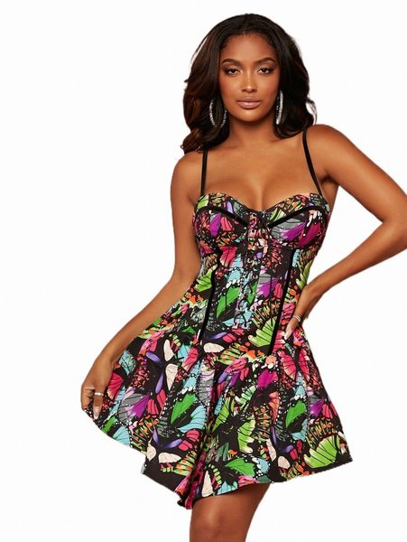

casual dresses sxy butterfly print lace up cami dress p2it#, Black;gray