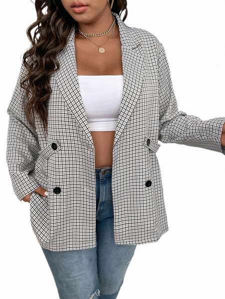 

plus size outerwear & coats plus plaid double breasted blazer 37qr#, Black