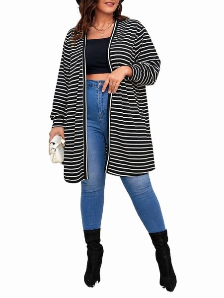 

plus size outerwear & coats plus striped drop shoulder open front coat n9hr#, Black