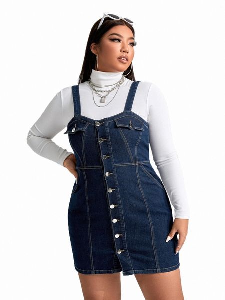 

plus size dresses plus 1pc single breasted pinafore denim dress e3sf#, Black
