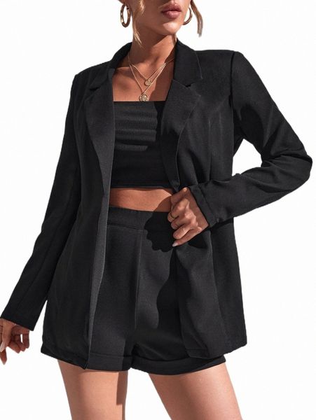 

two piece dress tall lapel neck blazer & roll up hem shorts g2rh#, White