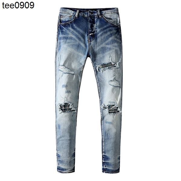 

off jeans high street style worn jeans youth elastic slim fit hole patch pants, Blue