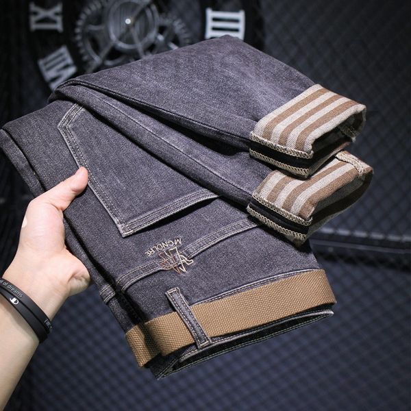 

men's jeans designer jeans autumn and winter high-end leisure versatile korean fashion elastic slim small foot embroidery pants brand 1, Blue