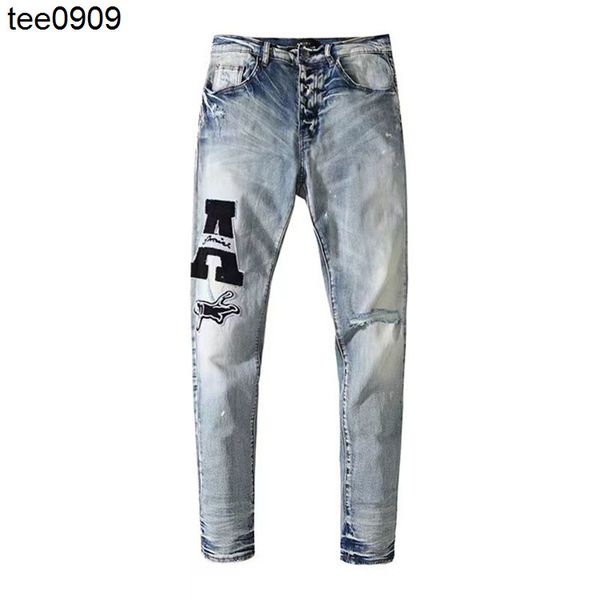 

jeans summer new locomotive men's jeans trend ins casual hole elastic men's pants, Blue