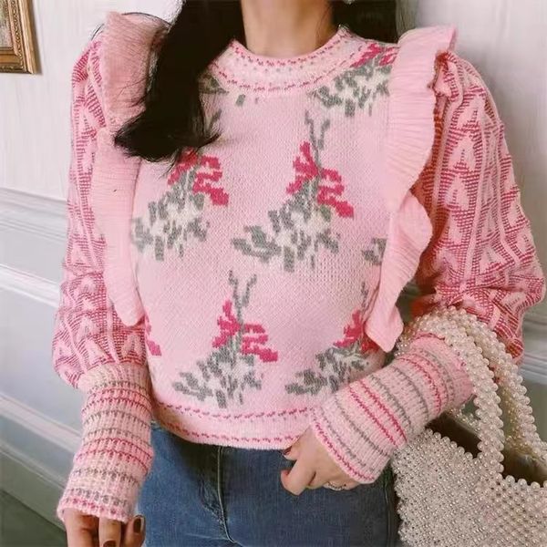 

2399 pink cute roun-neck loose jacquard wood ear pullover knit sweater, White;black
