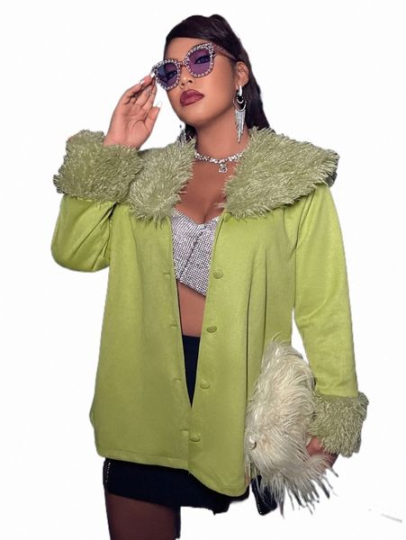 

plus size outerwear & coats plus borg collar fuzzy trim coat 53jj#, Black