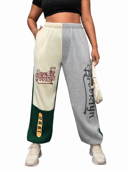 

plus size pants plus mountain & letter graphic colorblock sweatpants u4ac#, Black
