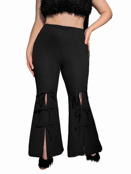 

plus size pants plus knot front split hem flare leg pants i15p#, Black