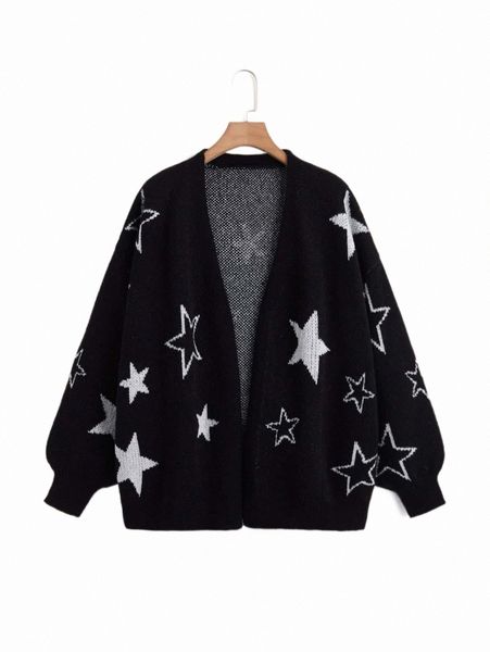 

plus size t-shirt plus star pattern lantern sleeve cardigan 22co#, Black