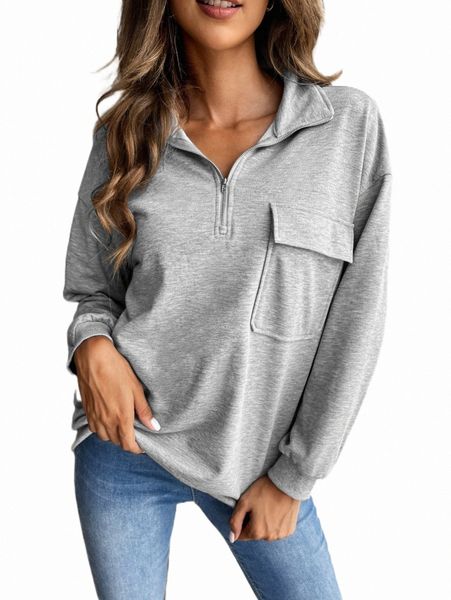 

women's hoodies & sweatshirts solid zip front flap pocket sweatshirt k5b5#, Black
