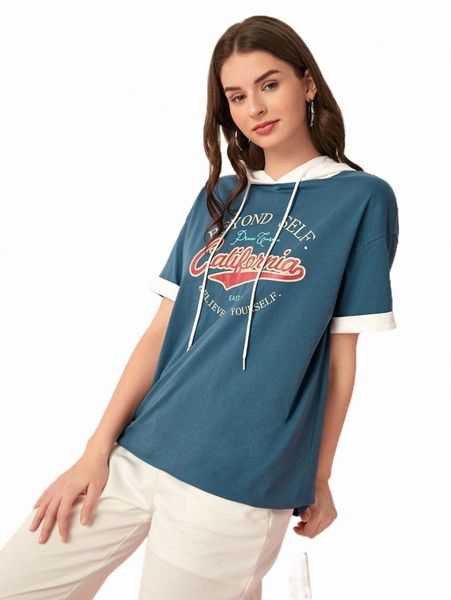 

women's t-shirt slogan graphic drop shoulder drawstring hooded tee n6df#, White