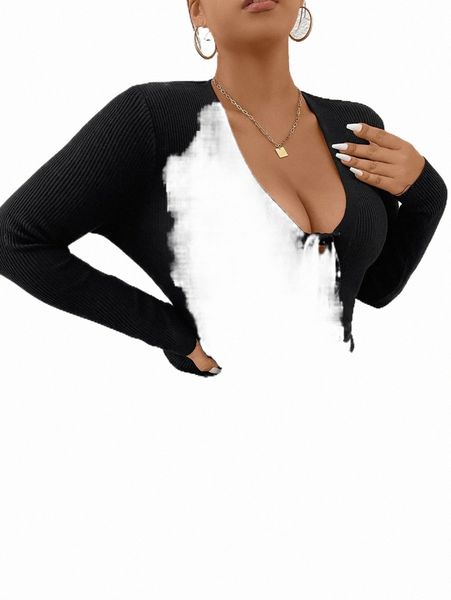 

plus size t-shirt plus lace up front ribbed knit sweater h0oc#, Black