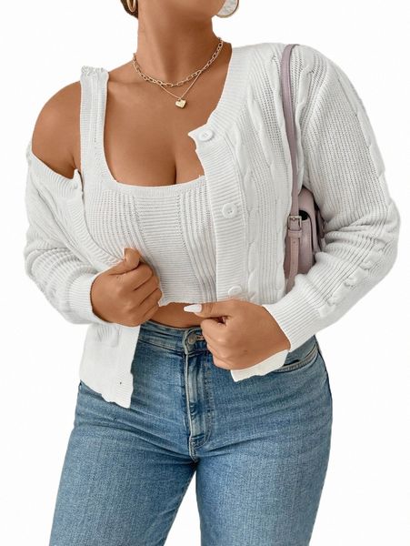 

plus size t-shirt plus cable knit cardigan & crop knit 613m#, Black