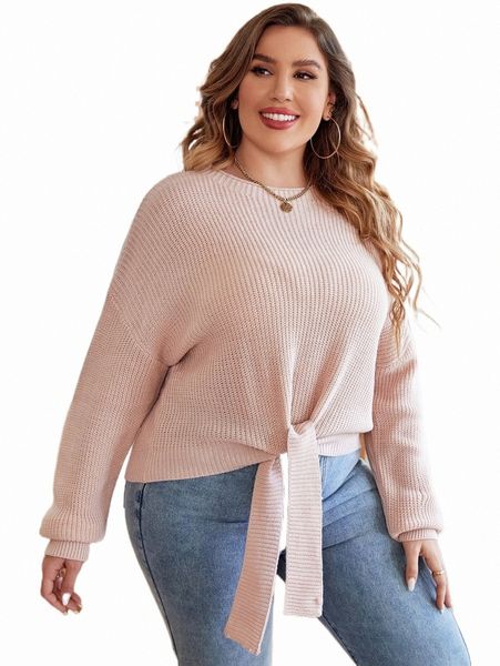 

plus size t-shirt plus knot front drop shoulder sweater d73k#, Black