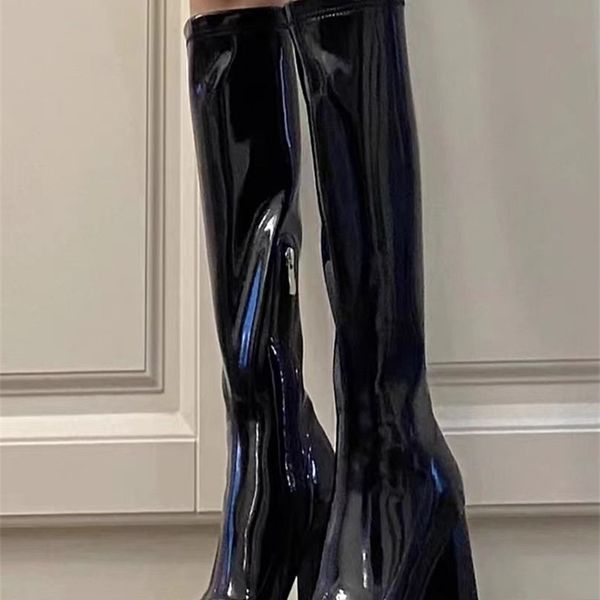 

boots women chelsea knee high heels boots casual shoes winter designer thick motocycle high boots pumps ladies zipper botas 220908, Black