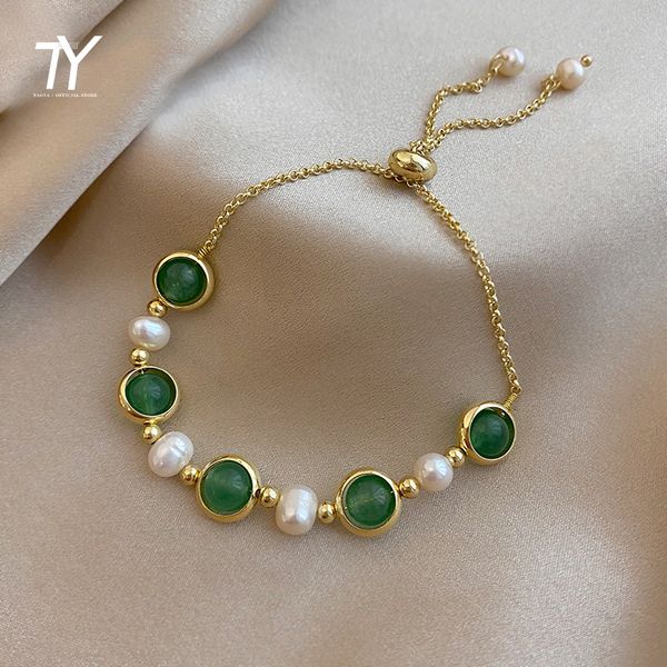 

neo gothic baroque pearl green stone round bead bracelet for woman fashion jewelry party girl's gift unusual hand chain, Golden;silver