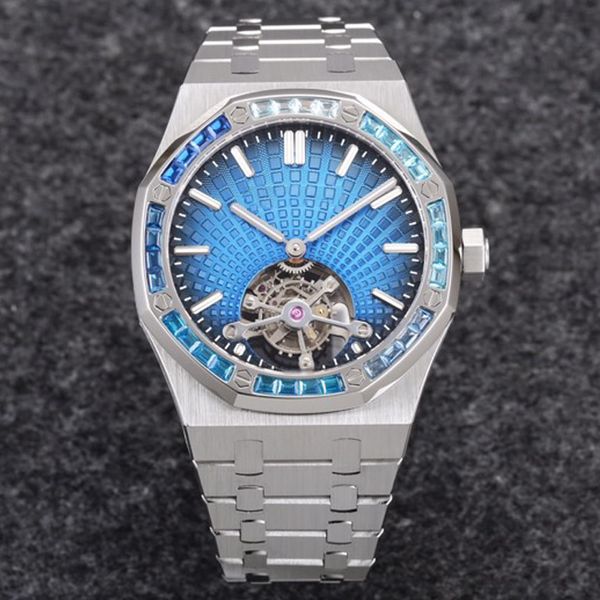 

silver royal watches luxury eta watch big cz diamonds bezel skeleton flywheel automatic movement blue dial men sapphire watches 904l stainle, Slivery;brown