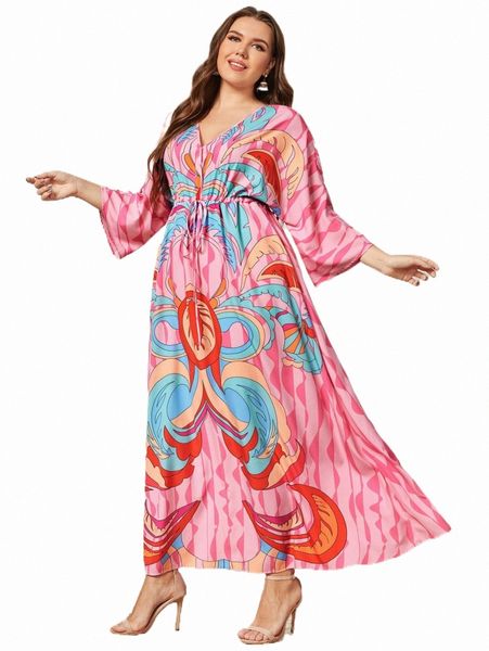 

plus size dresses plus allover print drawstring waist dress n1pa#, Black