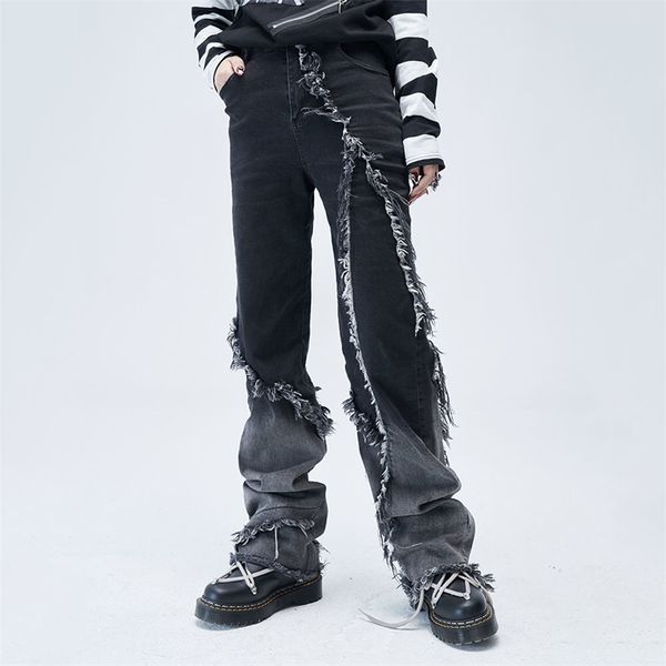 

women's jeans harajuku street high waist straight wide leg jeans spring fashion chic raw edge autumn women all-match denim trousers 220, Blue