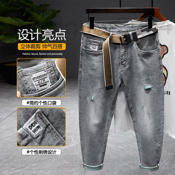 

men's jeans designer men's spring and summer 2022 new fashion brand ins embroidery hole green bottom light luxury small leg capris, Blue