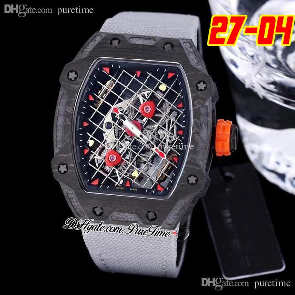 

27-04 tourbillon rafael nadal a21j automatic mens watch 2022 black carbon fiber case tennis racket skeleton dial red crown gray nylon strap, Slivery;brown