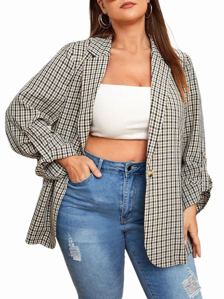 

plus size outerwear & coats plus plaid print roll tab sleeve blazer 40xj#, Black