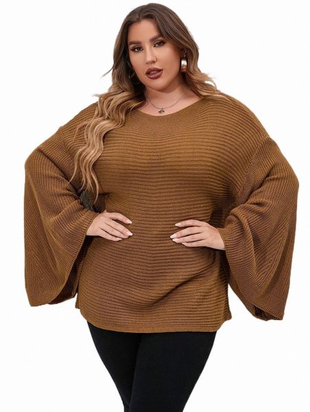 

plus size t-shirt plus trumpet sleeve boat neck sweater f8jg#, Black