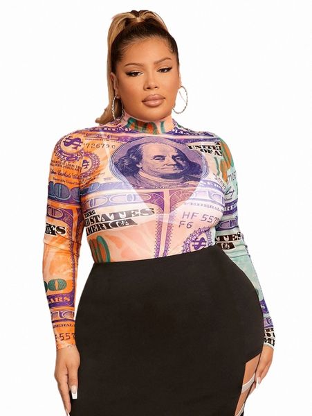 

plus size t-shirt sxy plus dollar print mock neck mesh 59wy#, Black