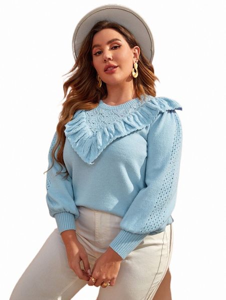 

plus size t-shirt plus ruffle trim pointelle knit sweater 27kc#, Black