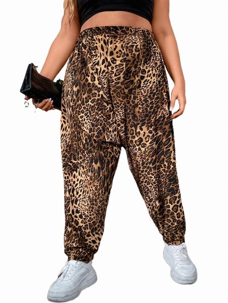 

plus size pants plus leopard print elastic waist pants m0bk#, Black