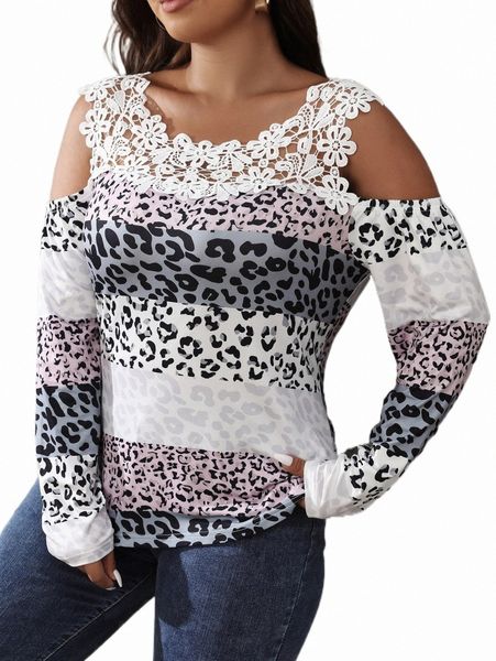 

plus size t-shirt plus leopard print guipure lace insert cold shoulder tee y1zh#, Black