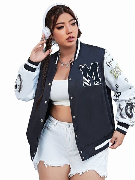 

plus size outerwear & coats plus letter patch detail bomber jacket n4za#, Black