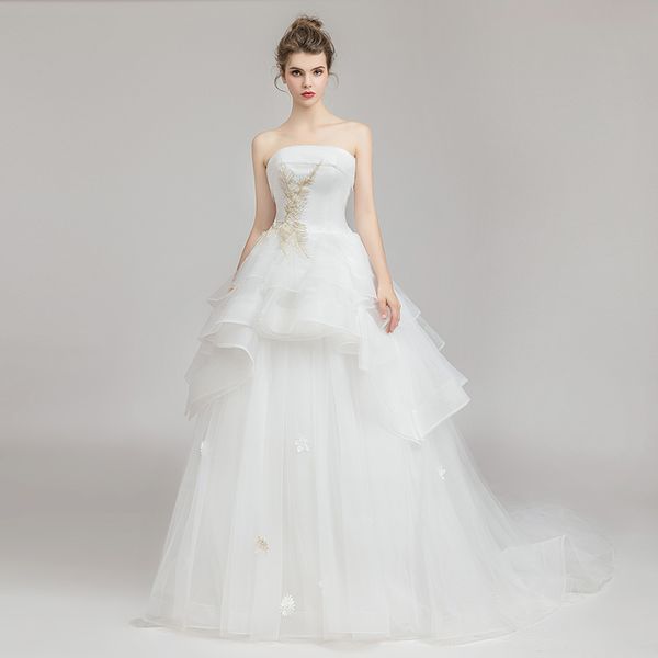 

fashion strapless appliques tiered ball gown wedding dress appliques lace ruffles bridal dresses vestidos de mariee, White