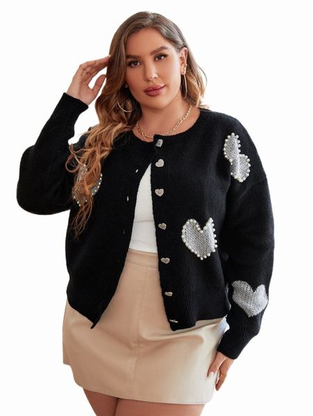 

plus size t-shirt plus heart pattern pearl drop shoulder cardigan g2yv#, Black
