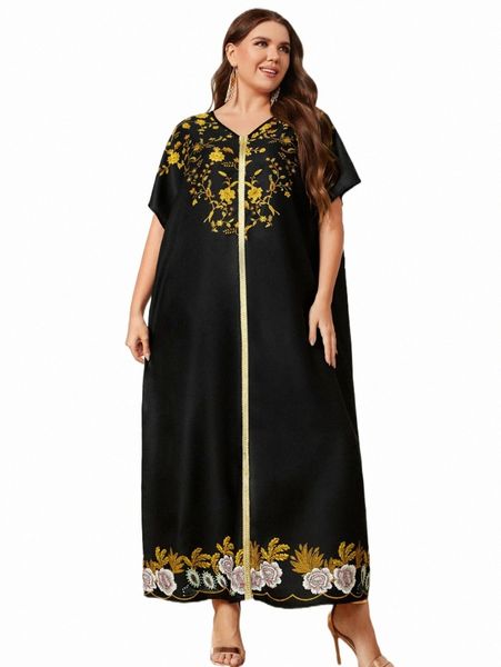 

plus size dresses plus floral print contrast tape tunic dress y83g#, Black