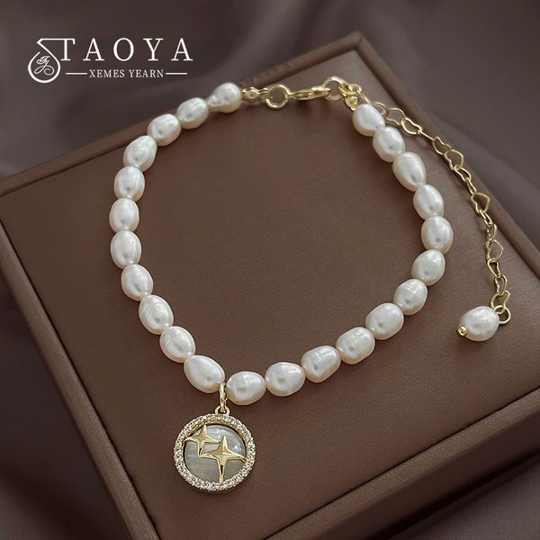 

baroque natural pearl string opal star pendant charm bracelet for women's fashion jewelry girl's party luxury accessory bracelet, Golden;silver