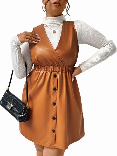 

plus size dresses plus button front pu overall dress without tee 08wm#, Black