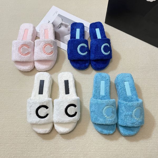 

thick soles base sponge cake towel slippers women's pink blue furry fluffy hair shoe c letter designer fashion outdoor wear cool shoes, Black