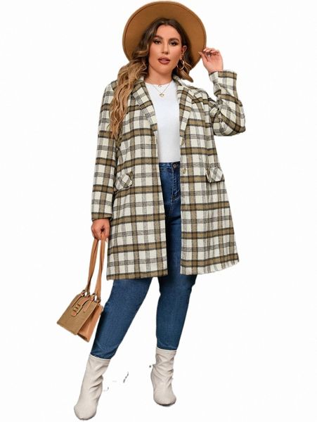 

plus size outerwear & coats plus plaid print lapel neck overcoat 678a#, Black